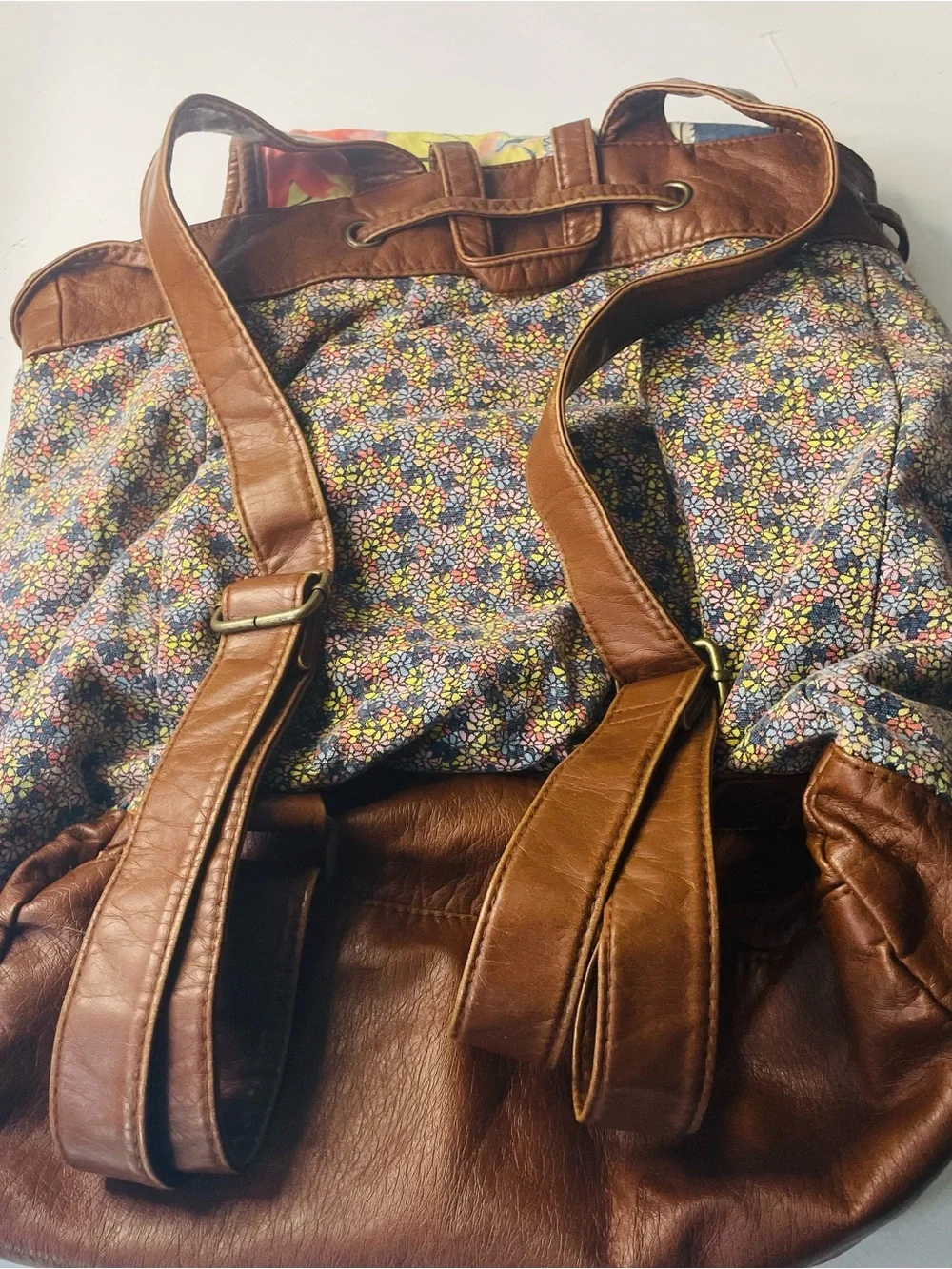 Boho Style Backpack Floral And Quilted Patchwork Faux Leather